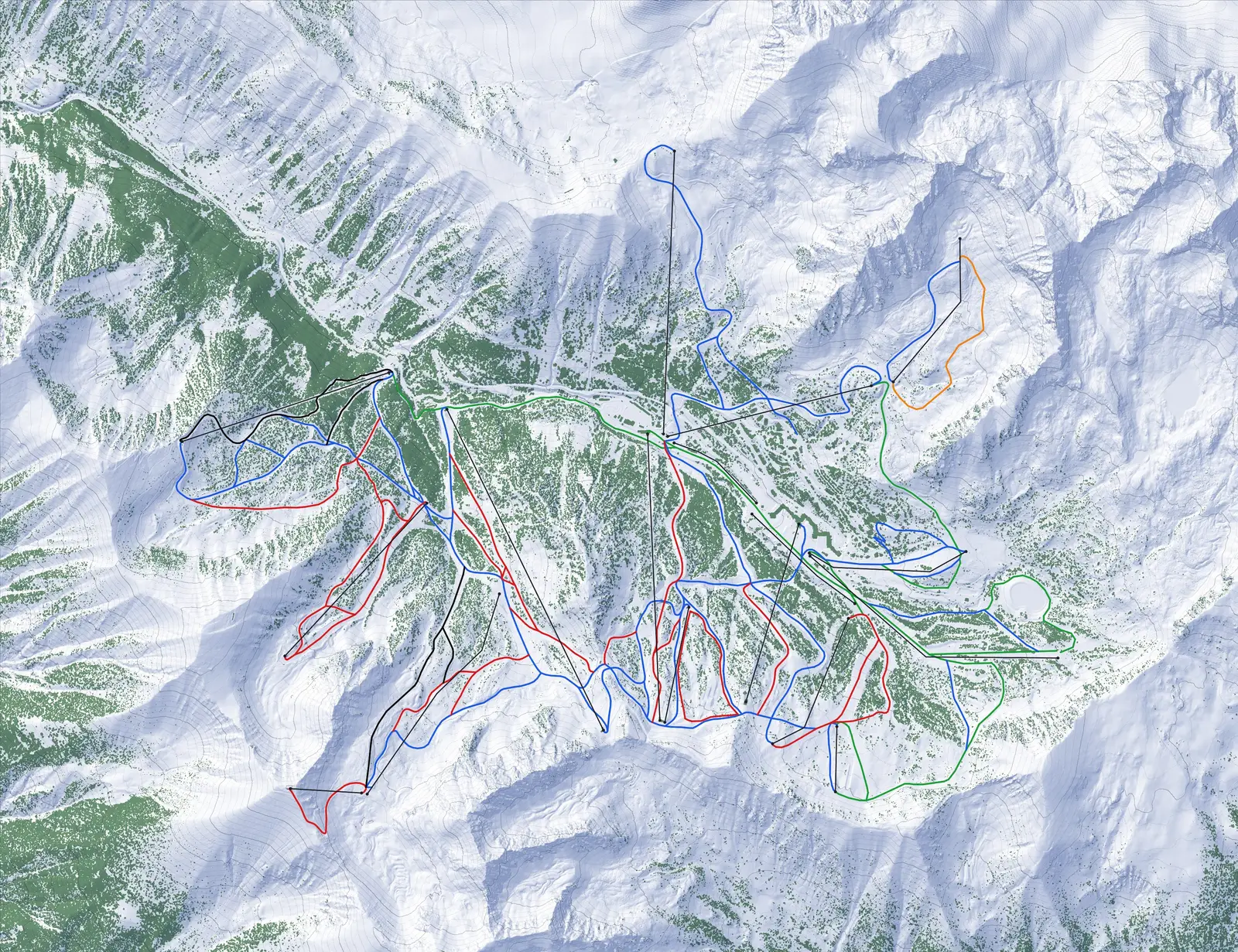 Pistenplan von Isola 2000: Gelände, Wald und Pisten nach Farbe