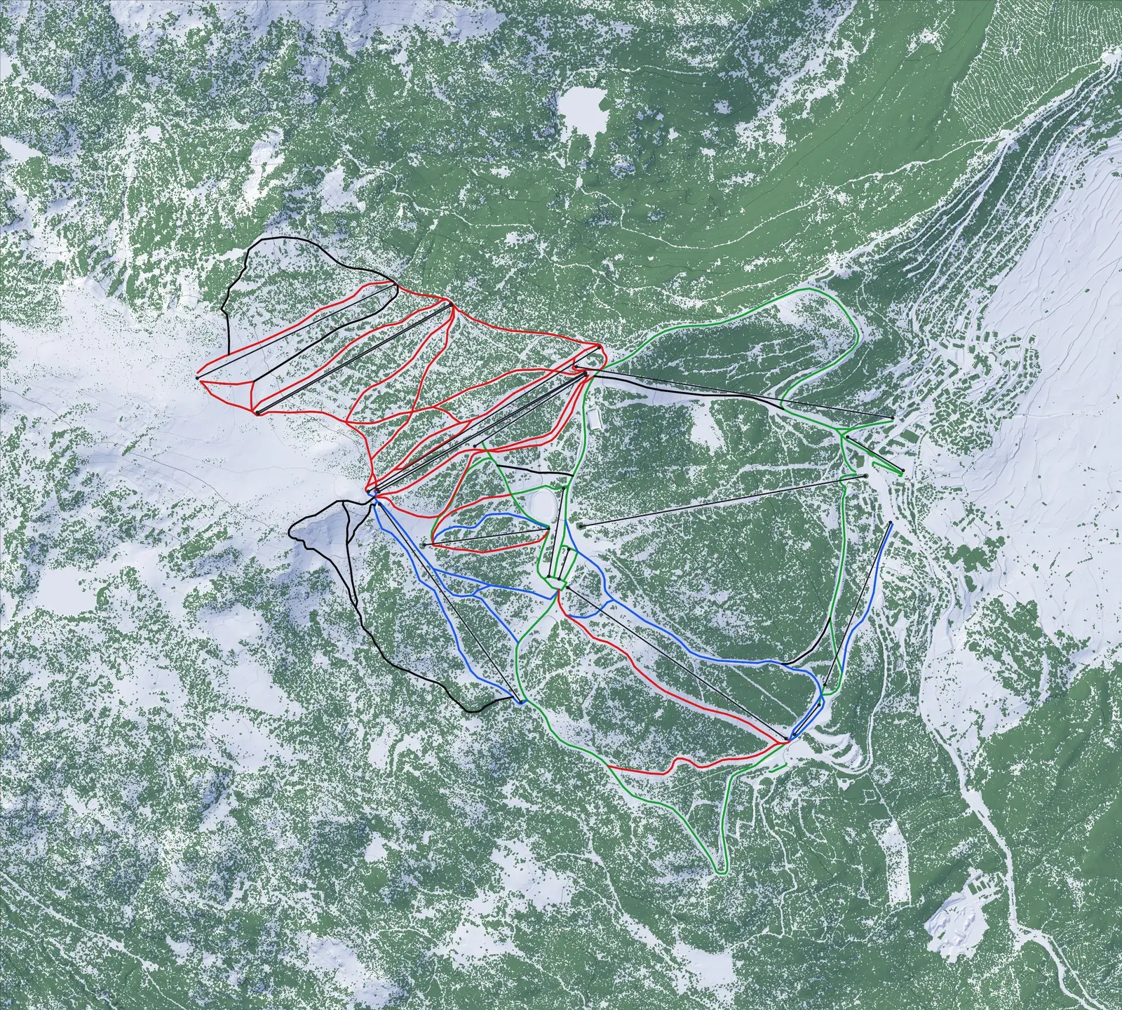 Pistenplan von Les Angles: Gelände, Wald und Pisten nach Farbe