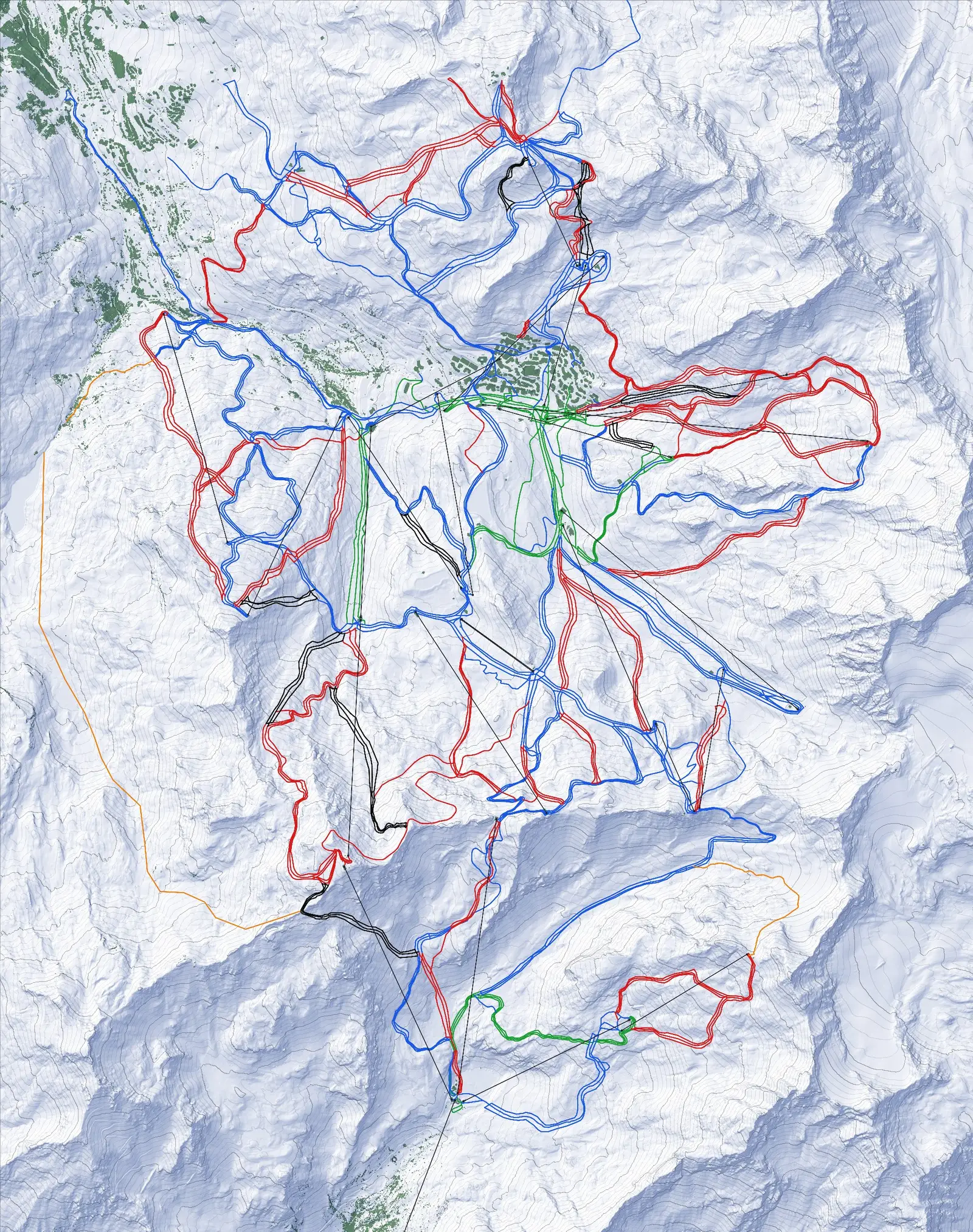 Piste map of Val Thorens: terrain, forest and slopes by colour